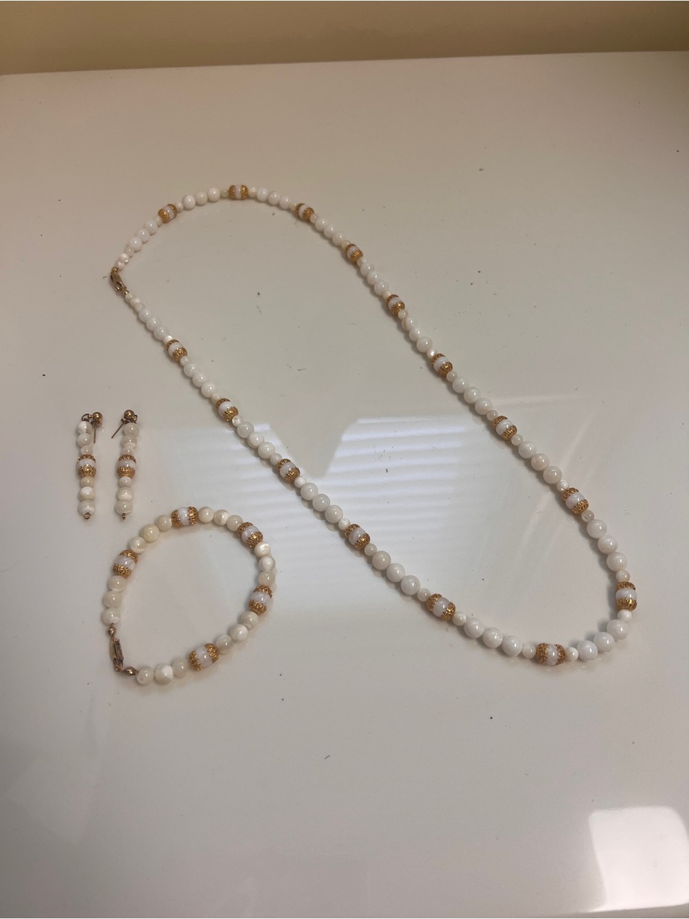 White Bead Necklace, Bracelet & Earring Set with Gold Accents